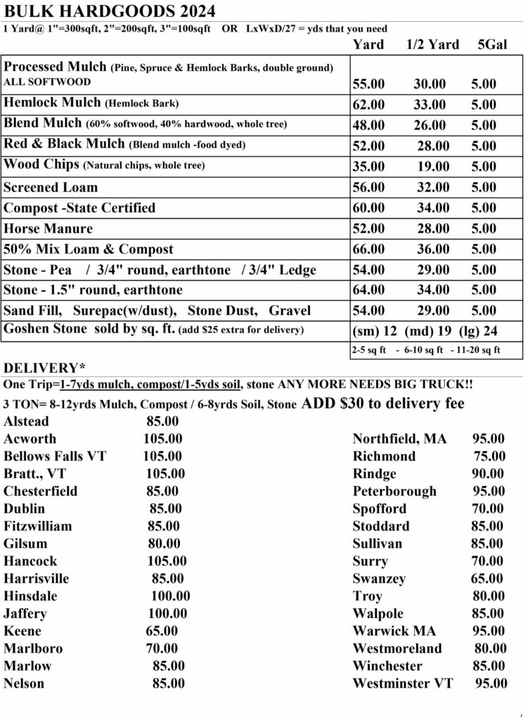 Bulk Hardgoods and delivery pricing sheet