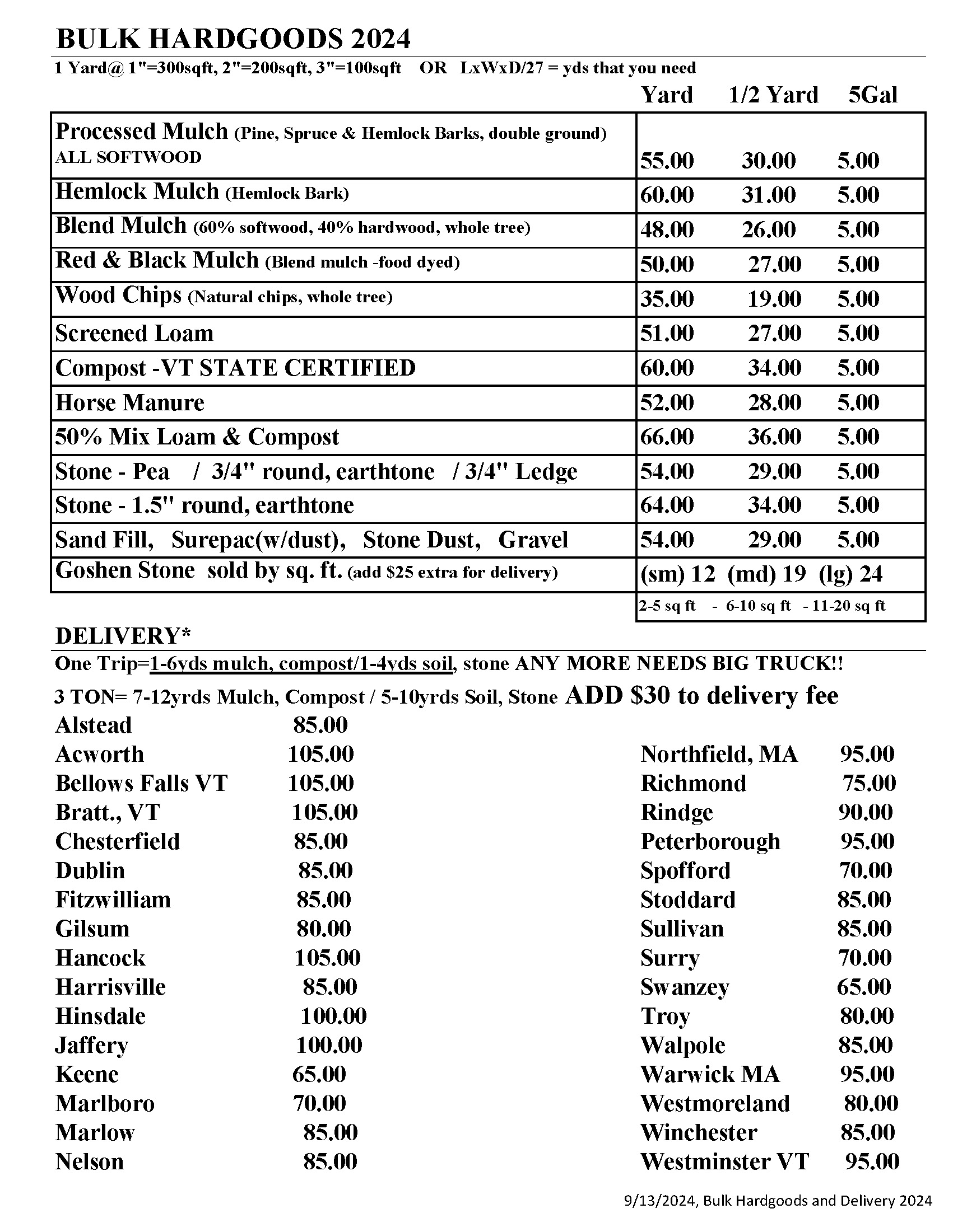 Bulk Hardgoods and delivery pricing sheet